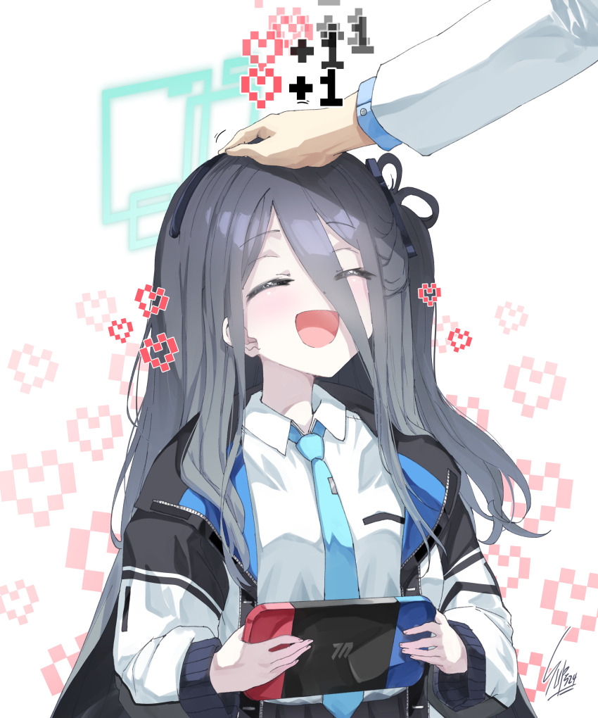 1girl 1other absurdres aris_(blue_archive) artist_name black_hair black_necktie blue_archive closed_eyes halo heart highres jacket long_hair necktie nintendo_switch open_mouth shirt simple_background smile sunnysideup upper_body white_background white_shirt
