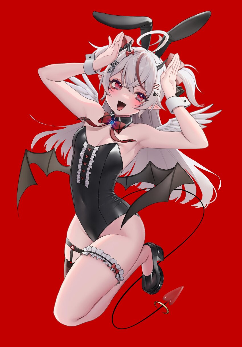 1girl absurdres ahoge angel_wings animal_ear_hairband animal_ears armpits bitaro black_bow black_collar black_footwear black_leotard blue_brooch bow breasts cleavage collar demon_horns demon_tail demon_wings detached_collar double-parted_bangs colored_bangs fake_animal_ears fang full_body garter_straps hair_bow hair_ornament hairband hairclip heart heart_tail high_heels highleg highleg_leotard highres horns leotard long_hair looking_at_viewer multicolored_hair phase_connect platform_footwear platform_heels playboy_bunny pointy_ears rabbit_ears red_background red_bow red_eyes red_hair remilia_nephys short_twintails sidelocks single_garter_strap single_thighhigh skin_fang small_breasts tail thighhighs twintails two-tone_hair virtual_youtuber white_hair white_wrist_cuffs wings wrist_cuffs