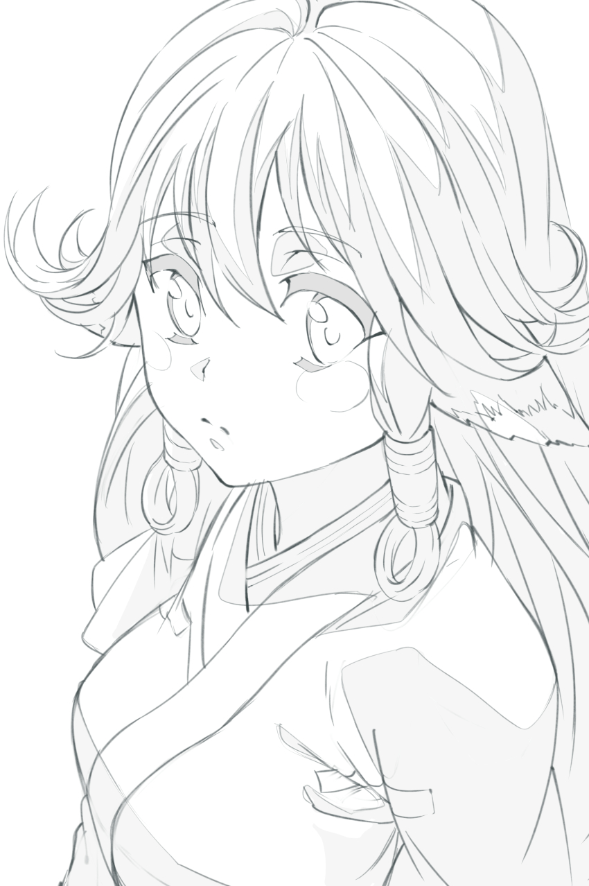 1girl absurdres aged_up animal_ears aquaplus aruruu breasts closed_mouth dress from_side greyscale hair_between_eyes highres long_hair long_sleeves looking_at_viewer medium_breasts monochrome pex raised_eyebrows sidelocks solo upper_body utawarerumono utawarerumono:_itsuwari_no_kamen very_long_hair
