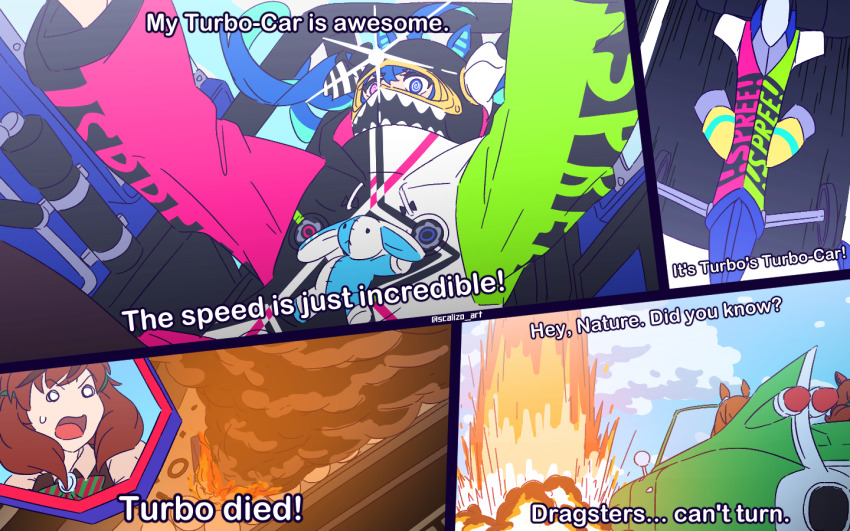 3girls ahoge animal_ears black_helmet blue_eyes bow bowtie car carnival_phantasm collared_shirt commentary day driving english_commentary english_text explosion hair_tie helmet heterochromia horse_ears horse_girl ikuno_dictus_(umamusume) inset jacket long_sleeves medium_hair mixed-language_commentary motor_vehicle multicolored_jacket multiple_girls nice_nature_(umamusume) outdoors purple_eyes race_vehicle racecar romaji_commentary scalizo scene_reference shirt sparkle stuffed_animal stuffed_rabbit stuffed_toy sweatdrop twin_turbo_(umamusume) twintails twitter_username umamusume