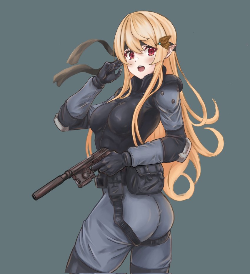 1girl an/peq-6 ass bandana blonde_hair bodysuit breasts brown_eyes bulletproof_vest cosplay drumoriz fairy flashlight from_behind gun h&amp;k_mark_23 hair_behind_ear handgun heckler_&amp;_koch highres holding holding_gun holding_weapon insight_technology kac_mk23_suppressor knight&#039;s_armament_company laser_aiming_module laser_pointer laser_sight long_hair looking_at_viewer looking_back match_grade match_grade_firearm match_grade_pistol medium_breasts meme metal_gear_(series) metal_gear_solid nijisanji nijisanji_en offensive_handgun pistol pointy_ears pomu_rainpuff sneaking_suit solid_snake solid_snake_(cosplay) solo standing suppressor tactical_light virtual_youtuber weapon