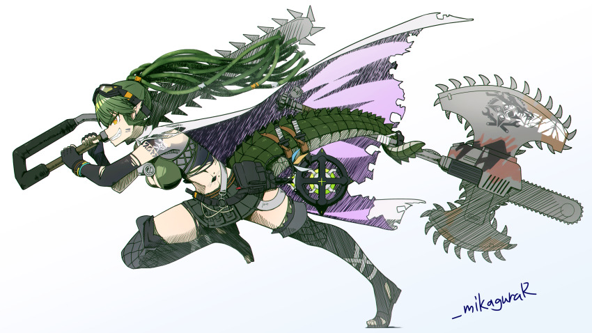 1girl arknights artist_name breasts cape chainsword collared_cape crocodilian_tail dreadlocks gavial_(arknights) gavial_the_invincible_(arknights) goggles goggles_on_head gradient_background green_hair green_skirt grin hand_up highres holding holding_chainsword holding_weapon holding_with_tail long_hair looking_to_the_side mask mask_around_neck material_growth medium_breasts mikagura oripathy_lesion_(arknights) pink_cape pleated_skirt pointy_ears prehensile_tail reptile_girl respirator running sharp_teeth skirt smile tail teeth twitter_username two-sided_cape two-sided_fabric weapon white_background yellow_eyes