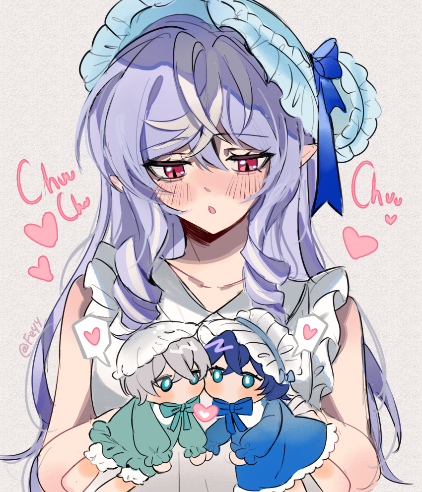 1boy 2girls :o artist_name belle_(zenless_zone_zero) blue_hair brother_and_sister chibi commentary crossed_bangs doll dress english_text felichiii green_eyes grey_background grey_hair hair_between_eyes highres implied_incest kiss multiple_girls no_mouth open_mouth purple_hair red_eyes shipping_(fandom) siblings vivian_banshee white_dress wise_(zenless_zone_zero) zenless_zone_zero