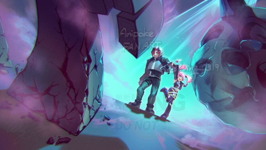 1boy 1girl ;d arm_up black_shirt black_shoes commentary_request coral_(pokemon) crack floating_hair garganacl gen_3_pokemon glalie gloves green_pants hand_up highres jacket leg_up multicolored_hair nintendo one_eye_closed open_mouth pants pink_hair pokemon pokemon_(anime) pokemon_(creature) pokemon_horizons shirt shoes sidian_(pokemon) signature smile standing twintails twitter_username watermark wing_(wing_0319)