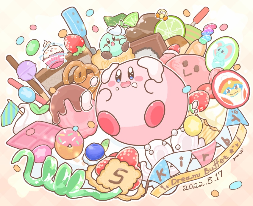 blush_stickers c333mnno candy colored_skin cupcake dated dessert elfilin food food_on_face fruit highres king_dedede kirby kirby&#039;s_dream_buffet kirby_(series) lime_(fruit) lime_slice lollipop nintendo no_humans pink_skin pocky pretzel star_(symbol) strawberry string_of_flags whipped_cream