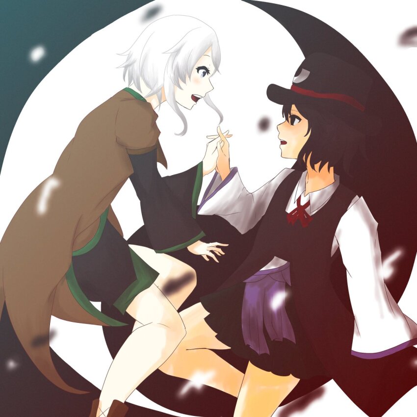 2others androgynous bare_legs black_coat black_eyes black_hair black_hakama black_hat black_kimono black_shorts blurry blurry_foreground brown_coat coat coattails collared_shirt commentary_request empty_eyes enraku_tsubakura eye_contact eye_of_senri eyelashes face-to-face feathers feet_out_of_frame gohaku_(breakoff) grey_eyes hair_between_eyes hakama hakama_short_skirt hakama_skirt happy hat highres holding_hands houlen_yabusame interlocked_fingers japanese_clothes jinbei_(clothes) kimono layered_sleeves len&#039;en light_blush long_sleeves looking_at_another multiple_others neck_ribbon open_mouth other_focus other_with_other pale_skin pointy_nose red_ribbon ribbon shirt short_hair short_over_long_sleeves short_sleeves shorts sidelocks skirt sleeveless sleeveless_coat smile teeth top_hat two-tone_background upper_teeth_only white_background white_hair white_shirt wide_sleeves yin_yang