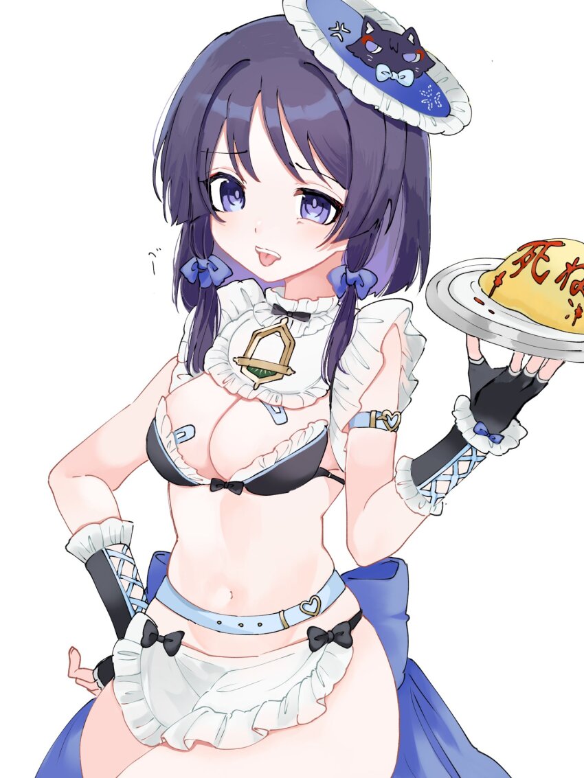 1girl alternate_costume apron aqua_belt arm_belt bandaid bandaid_on_breast bib black_bow black_bowtie black_bra black_gloves blue_bow blue_hat bow bow_bra bowtie bra breasts cleavage colored_inner_hair cross-laced_clothes cross-laced_gloves fingerless_gloves food food_writing frilled_apron frilled_bib frilled_bra frilled_gloves frilled_hat frilled_sleeves frills genderswap genderswap_(mtf) genshin_impact gloves hair_bow hair_intakes hand_on_own_hip hand_up hat highres holding holding_plate kingyo_(nyankomanjyuu15) midriff multicolored_hair navel omelet omurice plate purple_bow purple_eyes purple_hair purple_pupils scaramouche_(cat)_(genshin_impact) scaramouche_(genshin_impact) short_hair sidelocks solo teeth three_quarter_view tongue tongue_out translation_request underwear upper_teeth_only waist_apron white_apron white_background white_sleeves