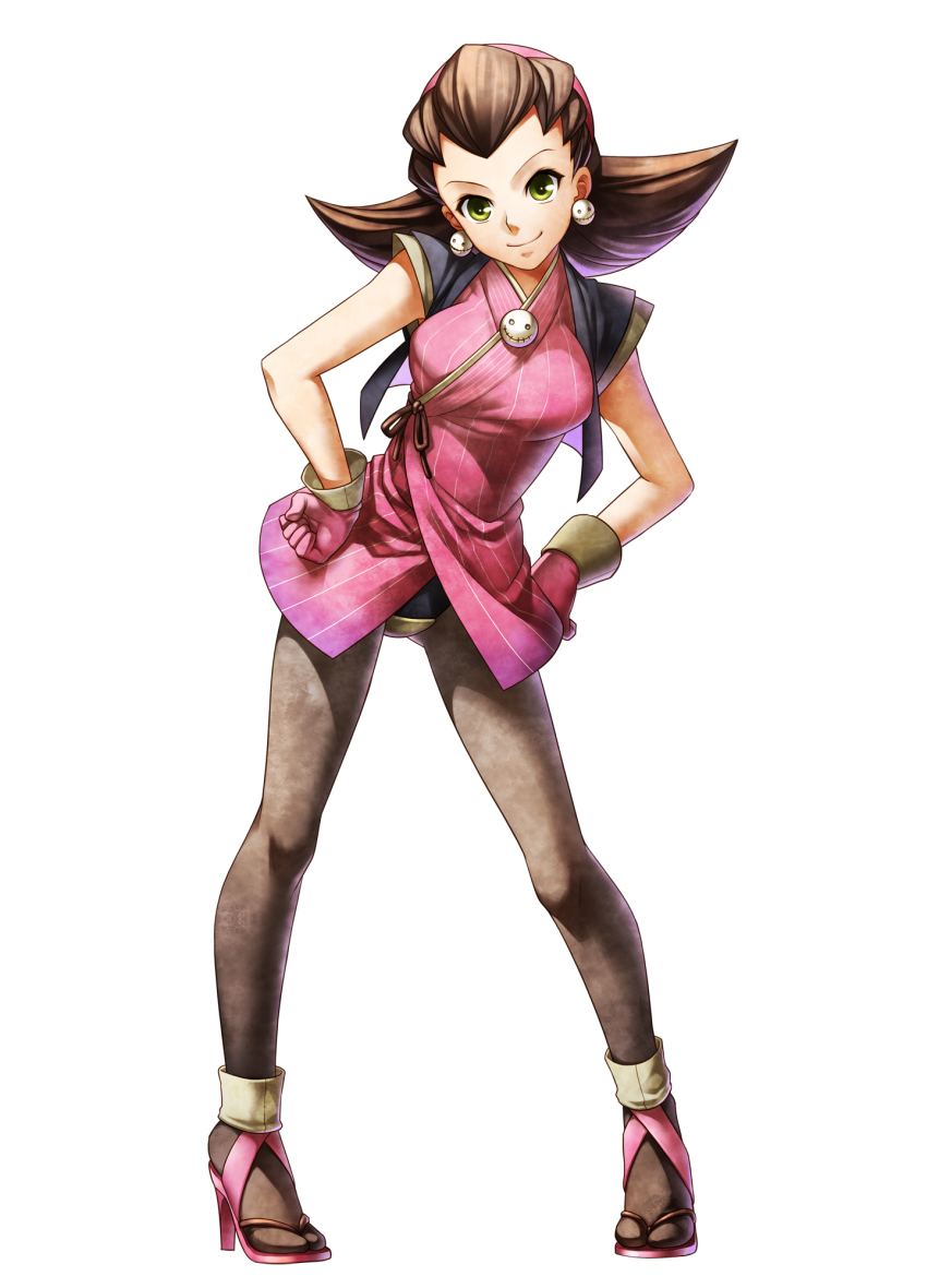 1girl adapted_costume breasts brown_hair capcom crotch_plate earrings female_focus full_body gloves green_eyes hair_slicked_back hairband hands_on_own_hips high_heels highres japanese_clothes jewelry kimono koma mega_man_(series) mega_man_legends_(series) onimusha_soul open_shoes pantyhose pigeon-toed shoes short_kimono simple_background smile solo tron_bonne_(mega_man) white_background