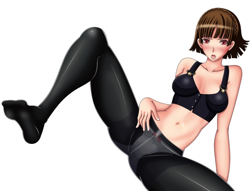 10s 1girl artemisumi atlus blush braid breasts brown_hair bustier collarbone female_focus medium_breasts midriff navel niijima_makoto no_shoes open_mouth panties pantyhose persona persona_5 red_eyes short_hair solo spread_legs thighs underwear