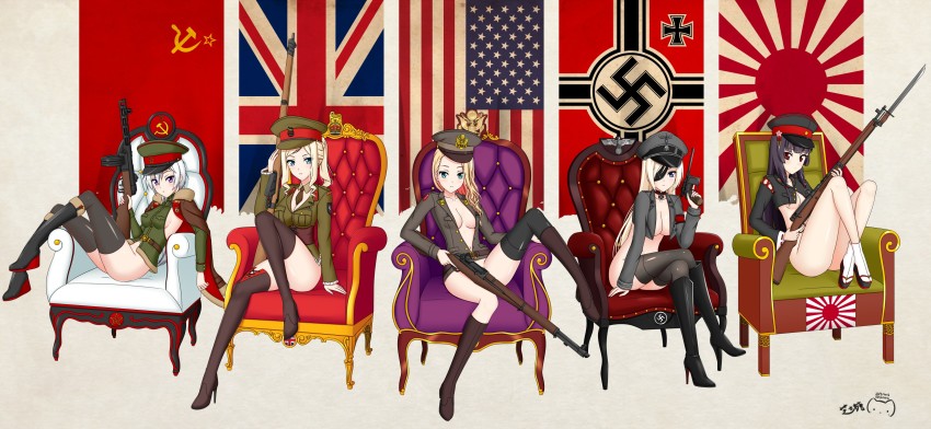 5girls absurdres american_flag anachronism aqua_eyes arisaka artist_name bayonet black_hair blonde_hair blue_eyes bolt_action bottomless breasts chair cleavage convenient_censoring cross eyepatch germany gun handgun hat high_heels highres imperial_japanese_army iron_cross japan japanese_flag large_breasts lee-enfield long_hair looking_at_viewer m1_garand mauser_c96 medium_breasts military_hat multiple_girls nail_polish nazi nazi_flag necktie no_bra no_panties peaked_cap ppsh-41 ppshex purple_eyes revealing_clothes rifle rising_sun_flag russia short_hair soviet soviet_flag submachine_gun sunburst thighhighs trigger_discipline union_jack united_kingdom united_states weapon white_hair world_war_ii