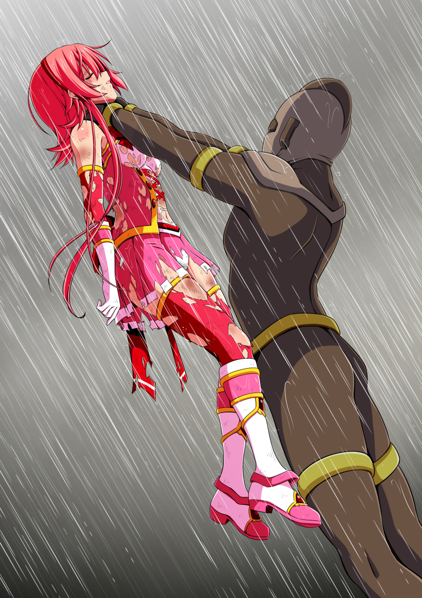 1boy 1girl absurdres abuse arms_at_sides asphyxiation back_bow battle beaten blush body_blush bodysuit boots bow breasts brown_bodysuit brown_helmet bruise bruise_on_arm bruise_on_face bruise_on_leg bruise_on_stomach character_request closed_eyes clover_rose collared_dress defeat detached_sleeves dirty dirty_clothes dress elbow_gloves fainted feet_out_of_frame fighting from_side full_body gloves hairband hands_on_another&#039;s_arms hands_on_another&#039;s_neck hanging_legs height_difference helmet highres huge_bow immobilization injury knee_boots koeda0111 lace lace-trimmed_dress lace_trim lifting_person long_sidelocks magical_girl miniskirt multicolored_footwear multicolored_skirt navel neck_lift original outdoors pain panties pantyshot parted_lips peril pink_boots pink_dress pink_gloves pink_hair pink_skirt pink_sleeves pink_thighhighs pleated_skirt profile rain red_bow red_hairband ryona scratches short_dress short_hair_with_long_locks skirt sleeveless sleeveless_dress slim_legs small_breasts storm strangling tall_male teeth thighhighs torn torn_clothes torn_dress torn_skirt torn_thighhighs unconscious underwear utsugi_chisaki very_long_sidelocks violence wet yotsuba_no_senki_clover_rose zettai_ryouiki