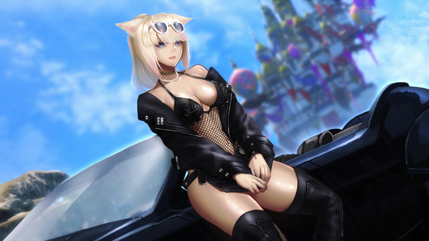 1girl absurdres animal_ears blonde_hair blue_eyes blurry blurry_background breasts car cat_ears cat_tail choker commission day dutch_angle eyewear_on_head final_fantasy final_fantasy_xiv fishnet_top fishnets highres jacket jewelry medium_breasts miqo&#039;te motor_vehicle necklace open_clothes open_jacket outdoors pearl_necklace pixiv_commission ponytail regalia_(final_fantasy) short_hair short_ponytail solo sunglasses tail thighhighs warrior_of_light_(ff14) zeri_(zeristudio)unkish_gothic