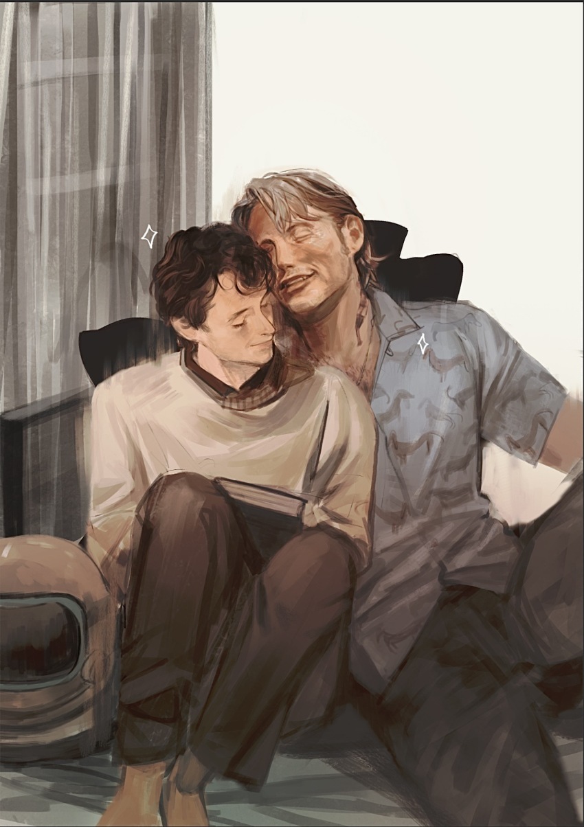 2boys black_pants blonde_hair blue_shirt book brown_hair chinese_commentary closed_mouth collared_shirt commentary_request cowboy_shot cuddling curtains full_body grass_(xiangxianglikeyigaibianyiqie) hannibal_(tv_series) hannibal_lecter helmet highres holding holding_book indoors lips long_sleeves male_focus messy_hair multiple_boys on_bed open_mouth pants realistic shirt short_hair short_sleeves smile space_helmet sparkle teeth unworn_headwear unworn_helmet white_helmet white_shirt will_graham wrinkled_skin yaoi