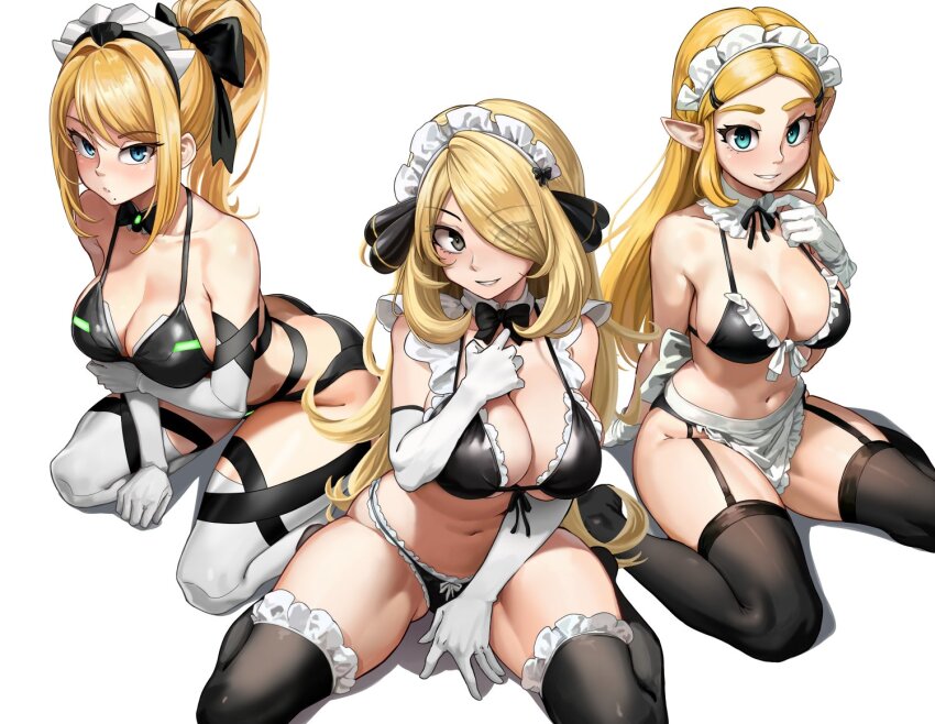 3girls apron aqua_eyes arm_under_breasts ass bikini black_bikini black_bow black_eyes black_garter_straps black_thighhighs blonde_hair blue_eyes bow breasts butt_crack cleavage collarbone commentary commission crossover cynthia_(pokemon) detached_collar elbow_gloves english_commentary eyes_visible_through_hair frilled_thigh_strap front-tie_bikini_top front-tie_top garter_straps gloves grin hair_bow hair_ornament hair_over_one_eye hand_on_own_chest large_breasts laz_gm leaning_forward long_hair looking_at_viewer maid maid_apron maid_bikini maid_headdress medium_breasts metroid mole mole_under_mouth multiple_girls navel nintendo pokemon pokemon_dppt ponytail princess_zelda samus_aran simple_background sitting smile swimsuit the_legend_of_zelda the_legend_of_zelda:_breath_of_the_wild thigh_strap thighhighs unconventional_maid waist_apron wariza white_apron white_background white_gloves white_thighhighs