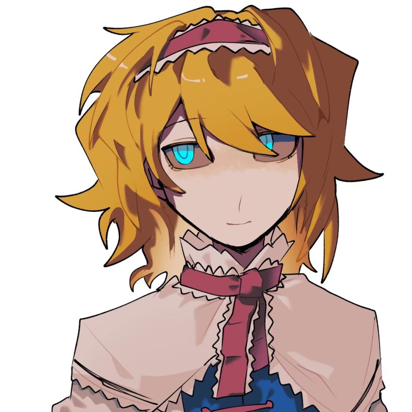 1girl alice_margatroid blonde_hair blue_eyes blue_shirt capelet chinese_commentary closed_mouth colored_sclera commentary_request frilled_hairband frilled_necktie frills grey_background grey_sclera hair_between_eyes hairband highres looking_at_viewer necktie pink_hairband pink_necktie shiri_fusang shirt short_hair simple_background smile solo touhou upper_body white_capelet