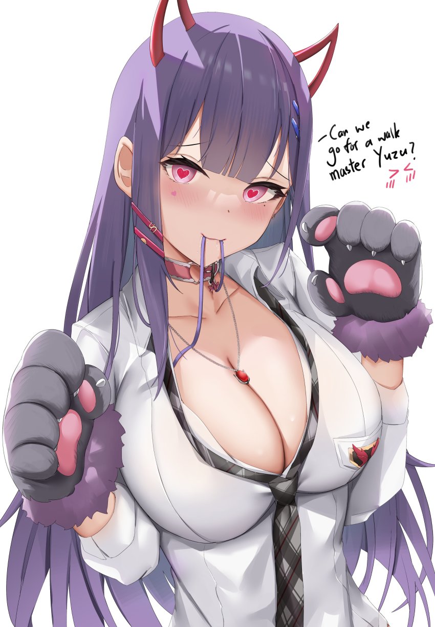 1girl absurdres akuma_nihmune akuma_nihmune_(1st_costume) animal_hands black_necktie blush breasts choker cleavage commentary demon_horns english_commentary english_text facial_tattoo fake_horns hair_ornament hairclip heart heart-shaped_pupils heart_choker heart_tattoo highres holding holding_leash horns indie_virtual_youtuber jewelry large_breasts leash long_hair looking_at_viewer necklace necktie purple_hair red_choker red_eyes shirt skai_kun symbol-shaped_pupils tattoo virtual_youtuber white_shirt