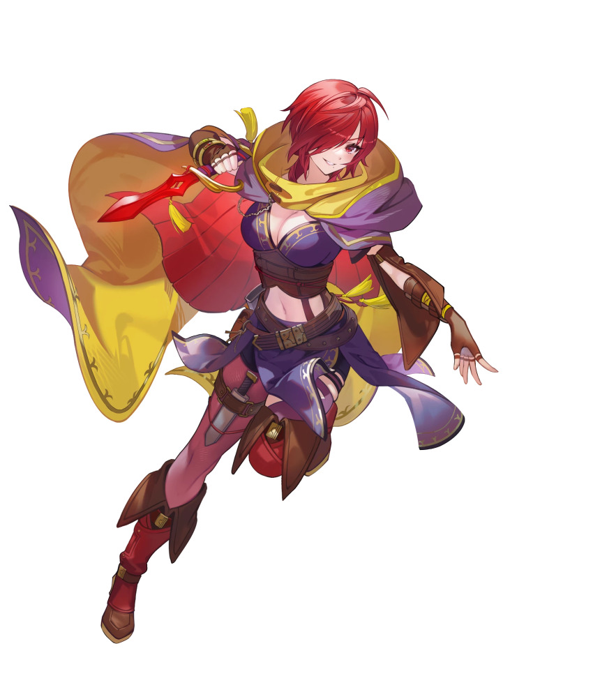 1girl boots breasts brown_gloves cleavage dagger female_focus fingerless_gloves fire_emblem fire_emblem:_the_blazing_blade fire_emblem_heroes gloves hair_over_one_eye highres holding holding_dagger holding_knife holding_weapon knife leila_(fire_emblem) leila_(superb_shadow)_(fire_emblem) matching_hair/eyes medium_breasts midriff navel nintendo non-web_source official_alternate_costume official_art parted_lips red_boots red_eyes red_hair smile solo weapon