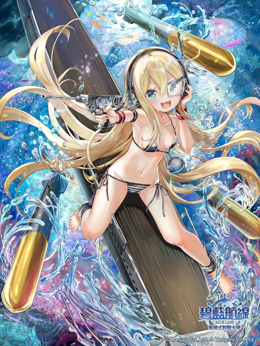 1girl air_bubble albacore_(azur_lane) azur_lane barefoot bikini black_bikini blonde_hair breasts bubble coral fish green_eyes gun hair_between_eyes highres holding holding_gun holding_weapon long_hair looking_at_viewer multicolored_bikini navel official_art open_mouth pisuke small_breasts smile solo sparkling_eyes stomach swimsuit toes torpedo two-tone_bikini underwater very_long_hair weapon white_bikini