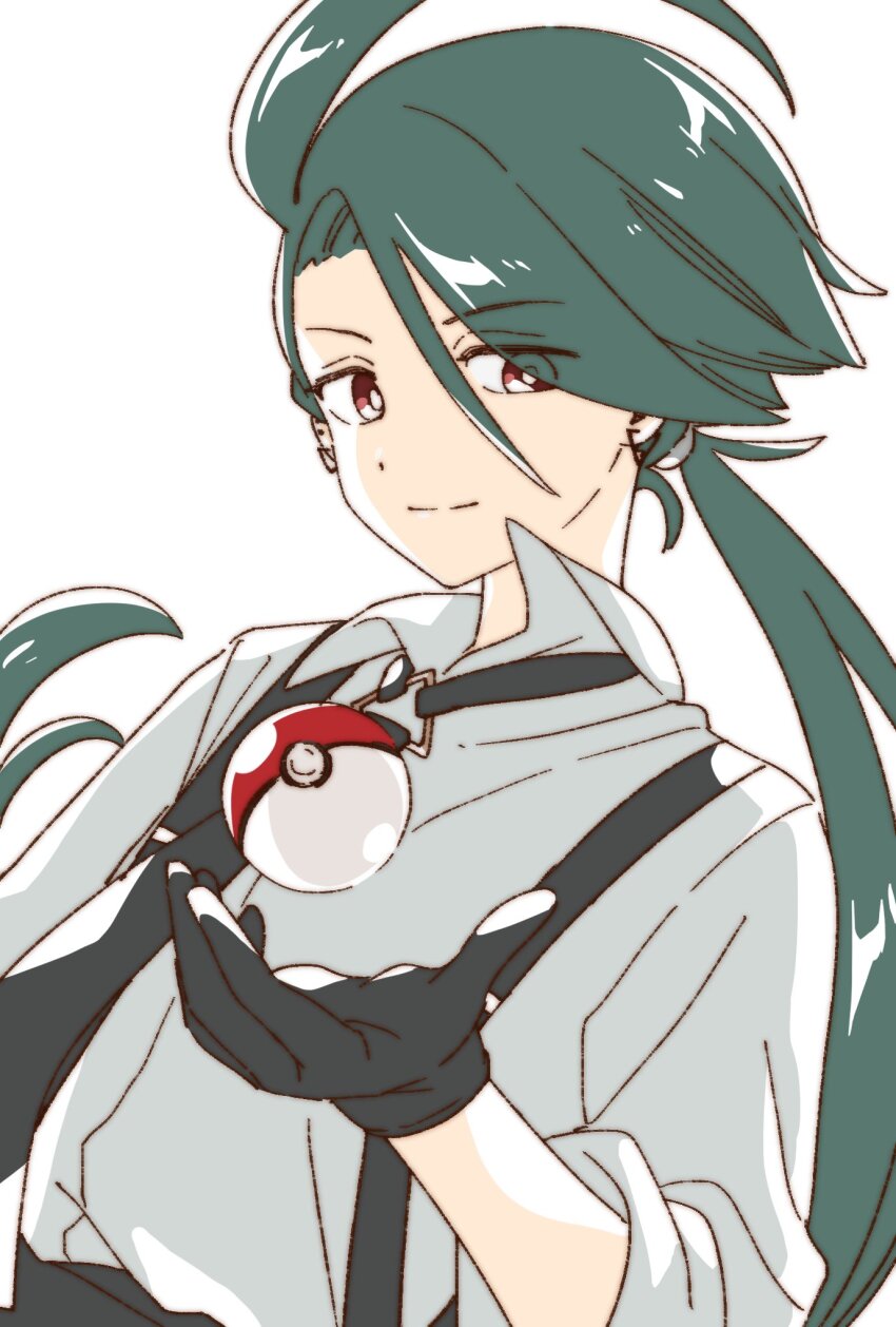 1girl ahoge asymmetrical_bangs black_gloves black_necktie closed_mouth collared_shirt commentary ear_piercing earrings gloves green_hair hair_between_eyes highres jewelry long_hair looking_at_viewer low_ponytail namori necktie nintendo piercing poke_ball pokemon pokemon_sv ponytail red_eyes rika_(pokemon) shirt simple_background sleeves_rolled_up solo suspenders throwing throwing_poke_ball white_background white_shirt