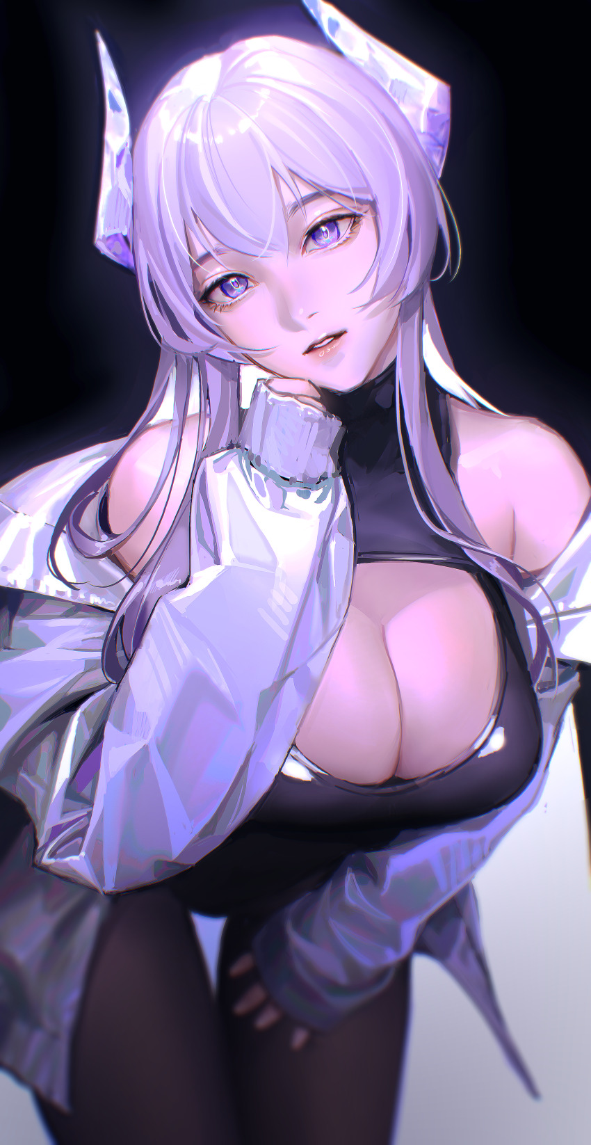 1girl absurdres bare_shoulders bent_over black_pantyhose borrowed_character breasts cleavage cleavage_cutout clothing_cutout commentary english_commentary halterneck highres horns iridescent jacket large_breasts leotard limart long_hair long_sleeves looking_at_viewer off_shoulder open_clothes open_jacket original pantyhose purple_eyes purple_hair ringeko_(ringeko-chan) simple_background sleeves_past_wrists solo