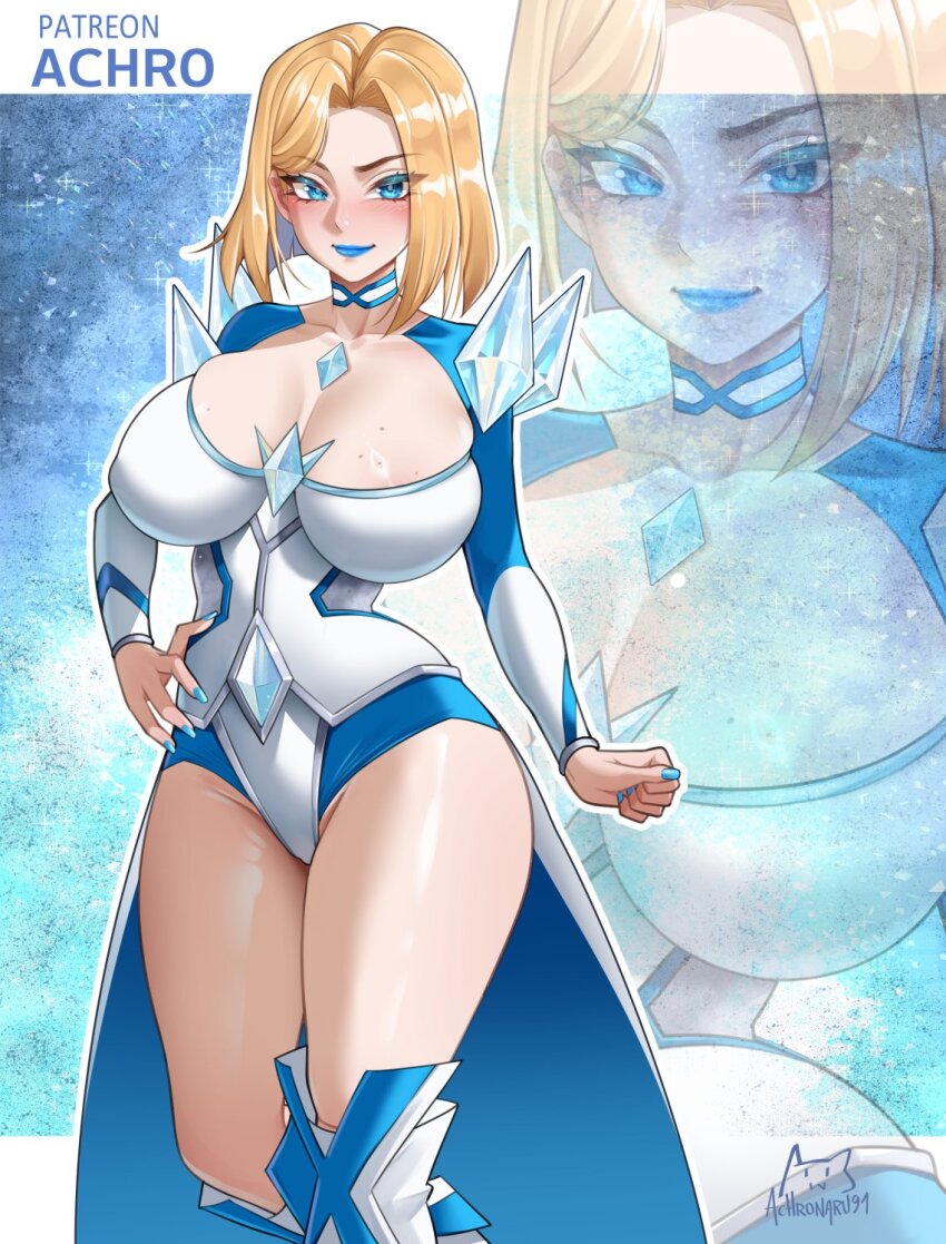 1girl achromaru bad_tag blonde_hair blue_eyes blue_lips blue_nails blush breasts choker cleavage closed_mouth corset diamond_(gemstone) diamond_earrings earrings emma_frost highres jewelry large_breasts leotard lipstick looking_at_viewer makeup marvel marvel_rivals multicolored_leotard short_hair smile solo superhero_costume thick_thighs thighs white_corset x-men