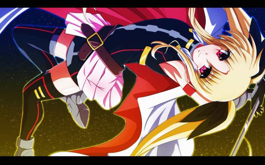 00s 1girl arched_back armpits bardiche_(nanoha) blonde_hair cape fate_testarossa fate_testarossa_(blaze_form) female_focus hair_ribbon highres letterboxed looking_at_viewer lyrical_nanoha mahou_shoujo_lyrical_nanoha red_eyes ribbon smile solo tappa_(esperanza) thighhighs twintails upside-down