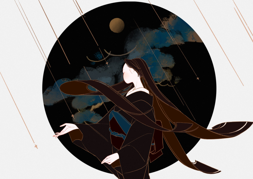 1girl absurdres back_bow black_hair black_kimono blunt_ends bow closed_eyes commentary_request from_side full_moon highres japanese_clothes kimono long_hair long_sleeves moon obi obiage obijime open_hand original sash shooting_star solo surie very_long_hair wide_sleeves