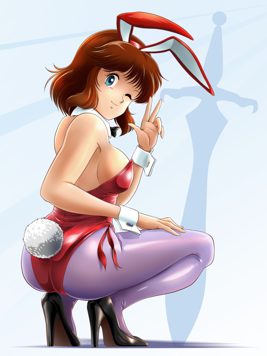1girl animal_ears ass black_bow black_bowtie blue_eyes bow bowtie brown_hair commentary_request daicon daicon_bunny_girl daicon_iv detached_collar fake_animal_ears highres leotard one_eye_closed pantyhose playboy_bunny purple_pantyhose rabbit_ears rabbit_tail short_hair solo squatting sword tail tamanegiinyo v weapon wrist_cuffs