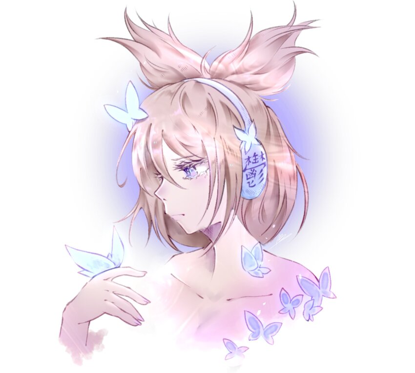 1girl bad_id bad_twitter_id bare_shoulders blonde_hair blue_butterfly bow-shaped_hair breasts bug butterfly butterfly_on_hand butterfly_on_head closed_mouth collarbone commentary cropped_torso eyelashes fingernails headphones highres insect light_frown light_particles looking_to_the_side luo_qiangwei pink_lips purple_butterfly purple_eyes sad short_hair solo symbol-only_commentary tearing_up tears topless_female touhou toyosatomimi_no_miko white_background