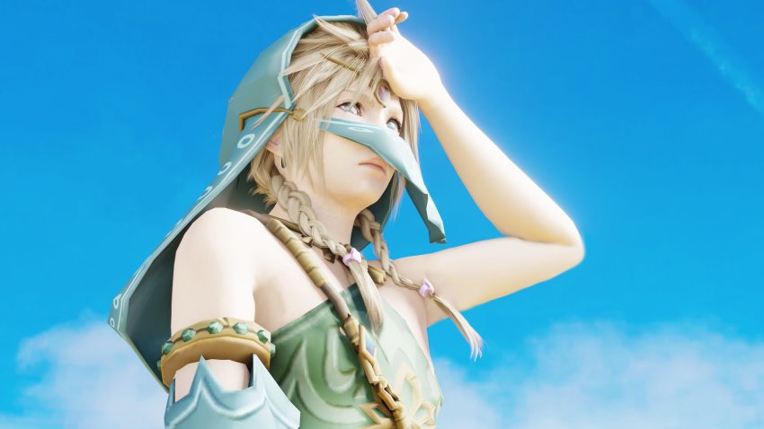 1boy 3d arabian_clothes blonde_hair blue_eyes braid cloud_strife cosplay crossdressing final_fantasy final_fantasy_vii final_fantasy_vii_remake halterneck headscarf highres link link_(cosplay) long_hair male_focus mouth_veil shading_eyes sky spiked_hair square_enix twin_braids upper_body veil