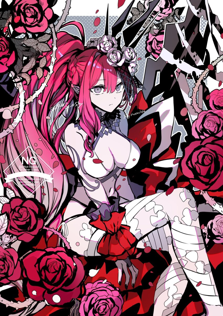 1girl baobhan_sith_(fate) baobhan_sith_(swimsuit_pretender)_(fate) baobhan_sith_(swimsuit_pretender)_(third_ascension)_(fate) bare_shoulders bikini breasts bridal_gauntlets cleavage crown detached_collar fate/grand_order fate_(series) flower grey_eyes hair_flower hair_ornament highres large_breasts long_hair looking_at_viewer navel pink_hair plant pointy_ears rioka_(southern_blue_sky) rose side_ponytail sidelocks sitting solo swimsuit thighhighs thighs veil vines white_bikini white_thighhighs