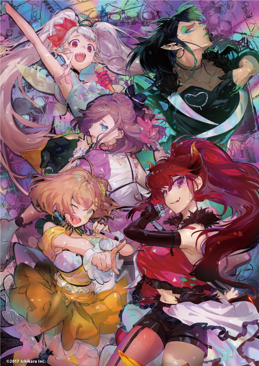 1boy 4girls aqua_dress aqua_eyes arm_up armpits bare_arms bare_shoulders black_bow black_gloves black_hair black_jacket black_shirt black_shorts bow breasts brown_eyes brown_hair closed_mouth colored_lapels colored_tips colorful_background commentary_request copyright_notice covered_collarbone cropped_shirt detached_collar dola_(nijisanji) dragon_horns dress earrings elbow_gloves elu_(nijisanji) eyeshadow fairy_wings fishnet_pantyhose fishnets flower frilled_dress frilled_shirt frilled_wrist_cuffs frills fur-trimmed_shirt fur_trim gloves green_eyes green_hair green_lips grey_hair hair_bow hair_flower hair_ornament half_gloves hanabatake_chaika hand_on_own_chest hand_up highres holding holding_microphone honma_himawari hoop_earrings horns jacket jewelry large_breasts lipstick long_hair looking_at_viewer lvn_iritoki makeup microphone midriff multicolored_eyeshadow multicolored_hair multiple_girls navel nijisanji official_alternate_costume official_art one_eye_closed open_mouth orange_hair overskirt pantyhose pink_dress pink_gloves pointy_ears ponytail profile red_eyes red_hair red_horns red_shirt second-party_source shirt shorts sidelocks single_leg_pantyhose sleeveless sleeveless_dress sleeveless_shirt stage_lights suzuhara_lulu teeth truss twintails upper_teeth_only very_long_hair virtual_youtuber white_dress white_overskirt white_wrist_cuffs wings wrist_cuffs yellow_dress yellow_eyes yellow_flower