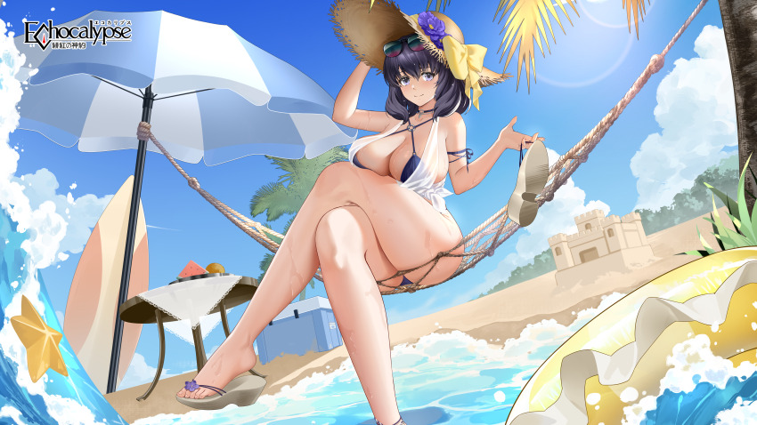 1girl absurdres ao_no_kiseki artist_request beach bikini black_bikini black_hair bow breasts cleavage closed_mouth cloud commentary_request cooler crossed_legs echocalypse eiyuu_densetsu flower food fruit grey_eyes hat hat_bow hat_flower highres innertube large_breasts logo o-ring o-ring_bikini official_art on_hammock purple_flower rixia_mao sand_castle sand_sculpture sandals sky solo starfish sun_hat sunglasses surfboard swim_ring swimsuit table tree watermelon wet yellow_bow zero_no_kiseki