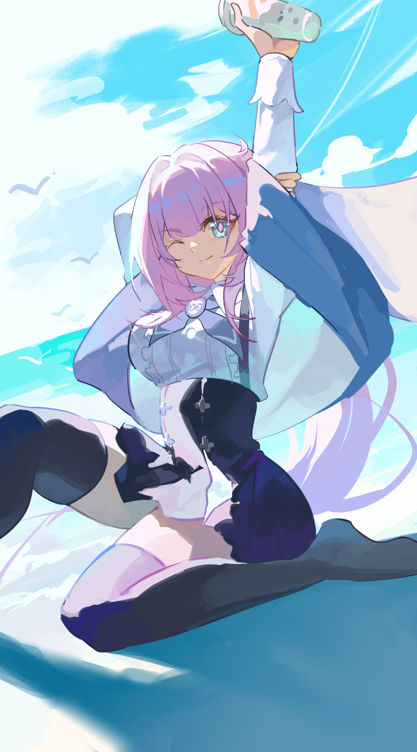 1girl ;) absurdres animal arm_behind_head arms_up bird black_skirt black_thighhighs blue_eyes blue_sky blush breasts center_frills closed_mouth cloud cloudy_sky commentary_request cup day disposable_cup elysia_(coco)_(honkai_impact) elysia_(honkai_impact) feet_out_of_frame frills high-waist_skirt highres holding holding_cup honkai_(series) honkai_impact_3rd horizon long_hair looking_at_viewer medium_breasts no_shoes ocean one_eye_closed outdoors pink_hair shawl shirt skirt sky smile solo thighhighs very_long_hair water white_shirt xinliu_asato