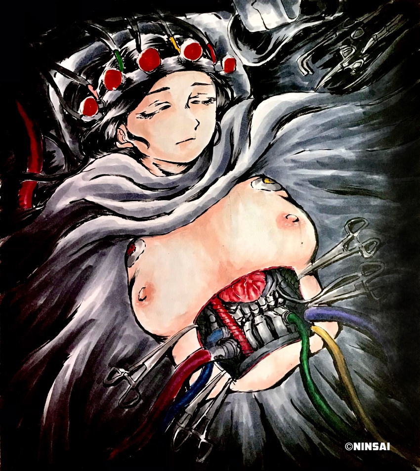 1girl absurdres black_hair breasts cyborg godzilla_(series) highres mafune_katsura medium_breasts ninsai_kaiju sleeping surgery terror_of_mechagodzilla toho topless_female