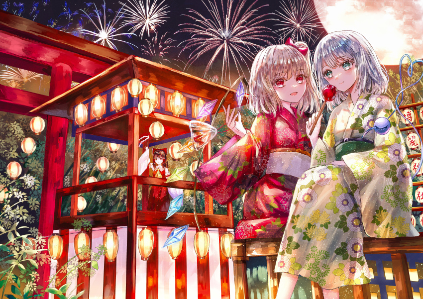 3girls absurdres aerial_fireworks alternate_costume ascot blonde_hair bow brown_hair closed_mouth commentary_request dancing detached_sleeves eyeball fireworks flandre_scarlet floral_print floral_print_kimono frilled_bow frilled_hair_tubes frills full_moon gohei green_eyes green_kimono green_sash grey_hair hair_bow hair_tubes hakurei_reimu heart heart_of_string highres holding holding_candy_apple holding_gohei japanese_clothes kimono komeiji_koishi lantern long_hair long_sleeves looking_at_viewer moon multicolored_kimono multiple_girls night night_sky no_headwear obi obiage open_mouth outdoors paper_lantern print_kimono red_bow red_eyes red_kimono red_skirt sash sitting skirt skirt_set sky smile suzushina third_eye torii touhou white_sash wide_sleeves yellow_ascot