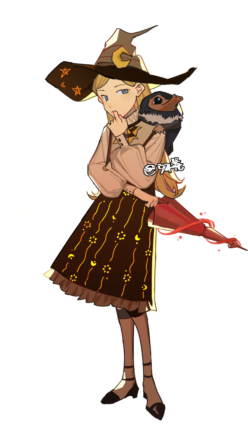 1girl absurdres black_shoes blonde_hair brown_hat brown_skirt character_request chinese_commentary chuanhua closed_mouth commentary_request crescent crescent_hat_ornament frilled_skirt frills full_body grey_eyes harry_potter:_magic_awakened harry_potter_(series) hat hat_ornament highres holding holding_umbrella long_hair long_sleeves puffy_long_sleeves puffy_sleeves shirt shoes simple_background skirt umbrella white_background white_shirt witch_hat wizarding_world