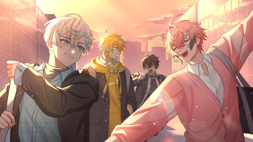 4boys :d ^_^ ahoge akagi_wen antenna_hair aqua_hair artist_name bag bandaid bandaid_on_cheek bandaid_on_face black_bag black_choker black_hair black_jacket blonde_hair blue_eyes blue_hair blue_shirt building buttons candy cardigan choker closed_eyes cloud collared_shirt crossed_bangs drawstring earrings evening fangs food glasses gradient_hair gradient_sky grey_shirt grin hair_between_eyes hair_ornament hairclip hand_up hashtag-only_commentary hibachi_mana highres holding holding_candy holding_food holding_lollipop hood hood_down hoodie jacket jacket_over_hoodie jewelry lens_flare light_particles lightning_bolt_earrings lightning_bolt_symbol lollipop long_sleeves looking_at_another looking_back male_focus merasugi multicolored_eyes multicolored_hair multiple_boys nijisanji open_clothes open_jacket open_mouth open_shirt orange_eyes orange_hair orange_hoodie oriens_(nijisanji) outdoors outstretched_arms pink_cardigan pink_hair purple_eyes purple_shirt safety_pin saiki_ittetsu school_bag school_uniform sharp_teeth shirt short_hair shoulder_bag sky smile spread_arms streaked_hair sunset sweatdrop teeth turtleneck twitter_username upper_teeth_only usami_rito v-shaped_eyebrows virtual_youtuber watermark white_shirt x_hair_ornament yellow_eyes