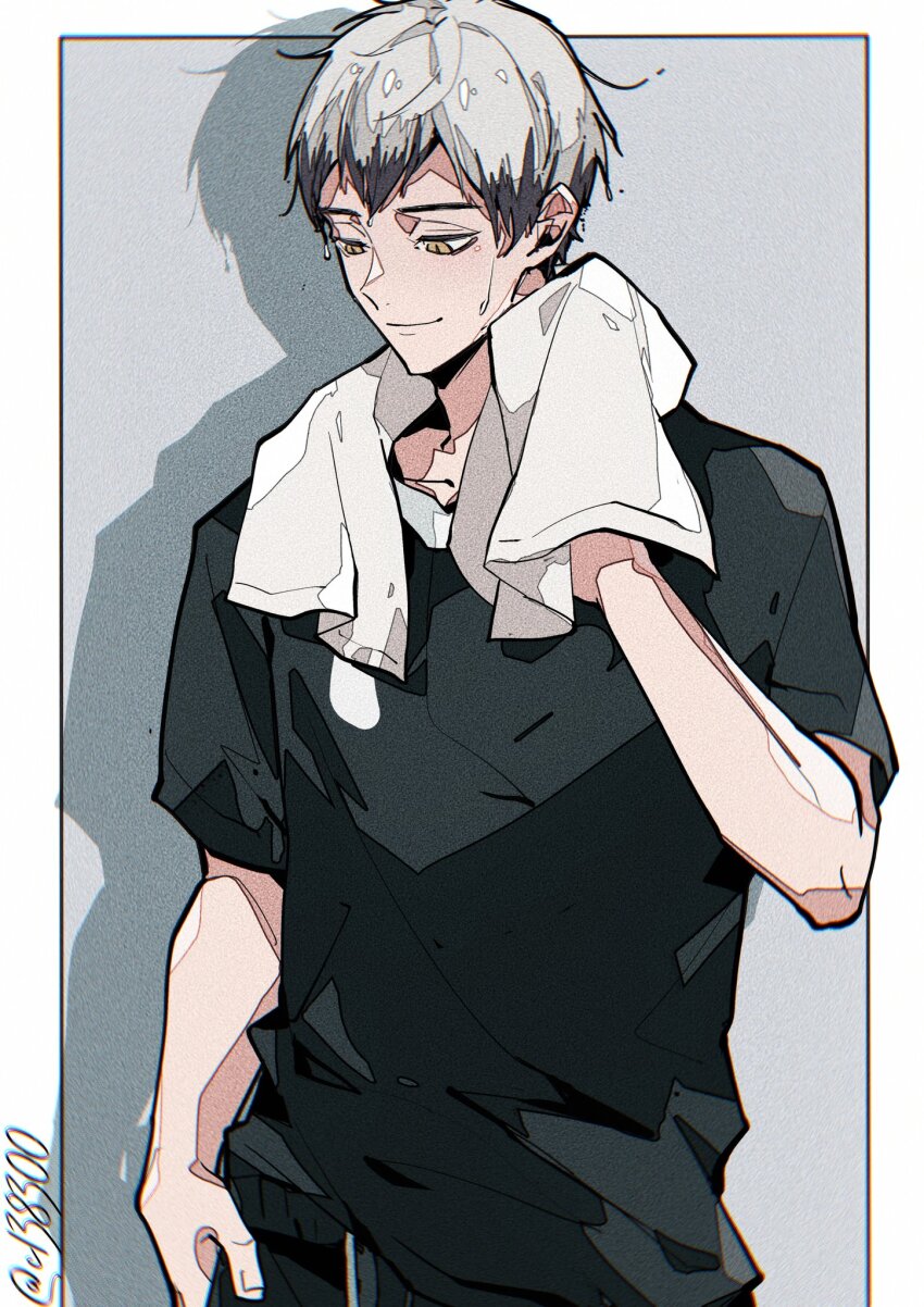 1boy arm_up black_hair black_pants black_shirt c138300 closed_mouth colored_tips cowboy_shot double-parted_bangs drop_shadow film_grain fingernails grey_hair haikyuu!! highres kita_shinsuke male_focus multicolored_hair pants shirt short_hair short_sleeves smile solo sweat towel towel_around_neck twitter_username yellow_eyes