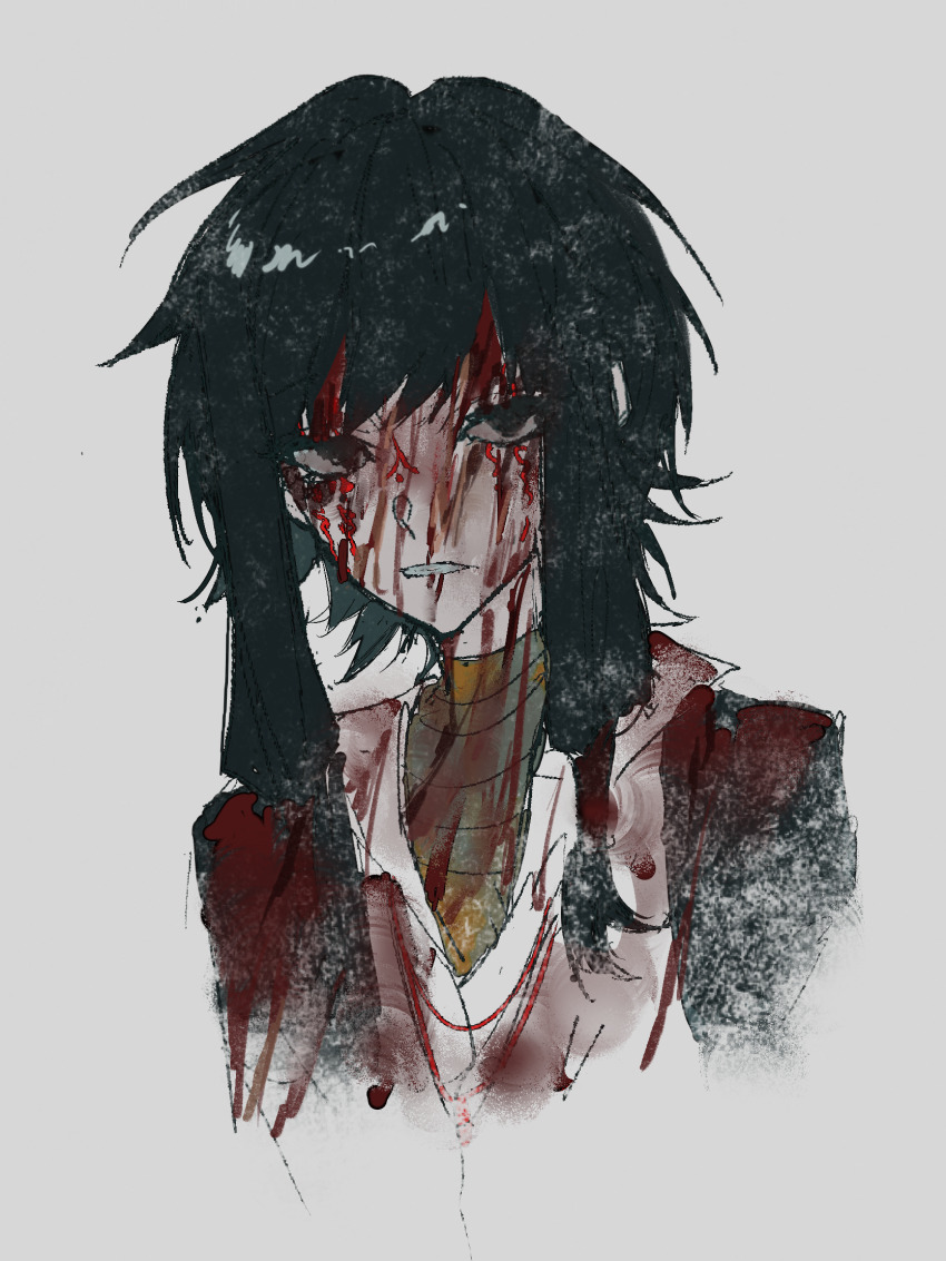 1boy alariess bandaged_chest bandages black_background black_eyes black_hair blood blood_on_clothes blood_on_face blood_on_neck bloody_bandages chinese_commentary clenched_teeth collared_shirt commentary_request cropped_torso facepaint grey_background highres jacket male_focus open_clothes open_jacket shirt short_hair_with_long_locks sidelocks simple_background solo teeth touqi_guaitan white_shirt ziche_fuzhao