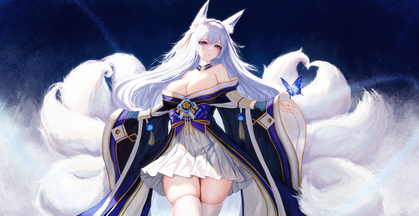 absurdres animal_ear_fluff animal_ears azur_lane blue_butterfly blue_collar blue_kimono breasts bug butterfly cleavage collar fox_ears fox_girl fox_tail hair_ornament highres insect japanese_clothes kimono kitsune kyuubi large_breasts large_tail long_hair multiple_tails off_shoulder pleated_skirt shinano_(azur_lane) skirt skirt_under_kimono tail thighhighs white_tail white_thighhighs wjy1347193
