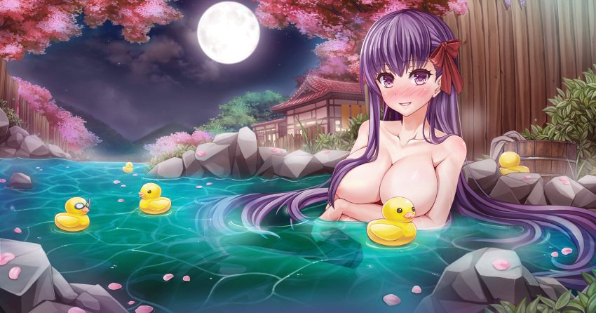 10s 1girl architecture areola_slip bb_(fate) bb_(fate/extra) blush bow breast_hold breasts bucket cherry_blossoms cleavage cloud collarbone east_asian_architecture eyebrows eyelashes fate/extra fate/extra_ccc fate_(series) female_focus fence full_moon grass hair_bow hair_over_breasts hair_ribbon highres house large_breasts lens_flare long_hair looking_at_viewer moon night night_sky nose_blush nude onsen outdoors parted_lips partially_submerged petals purple_eyes purple_hair red_bow ribbon rock rubber_duck sky smile solo spring_(season) steam sunimu towel tree very_long_hair water wooden_bucket wooden_fence
