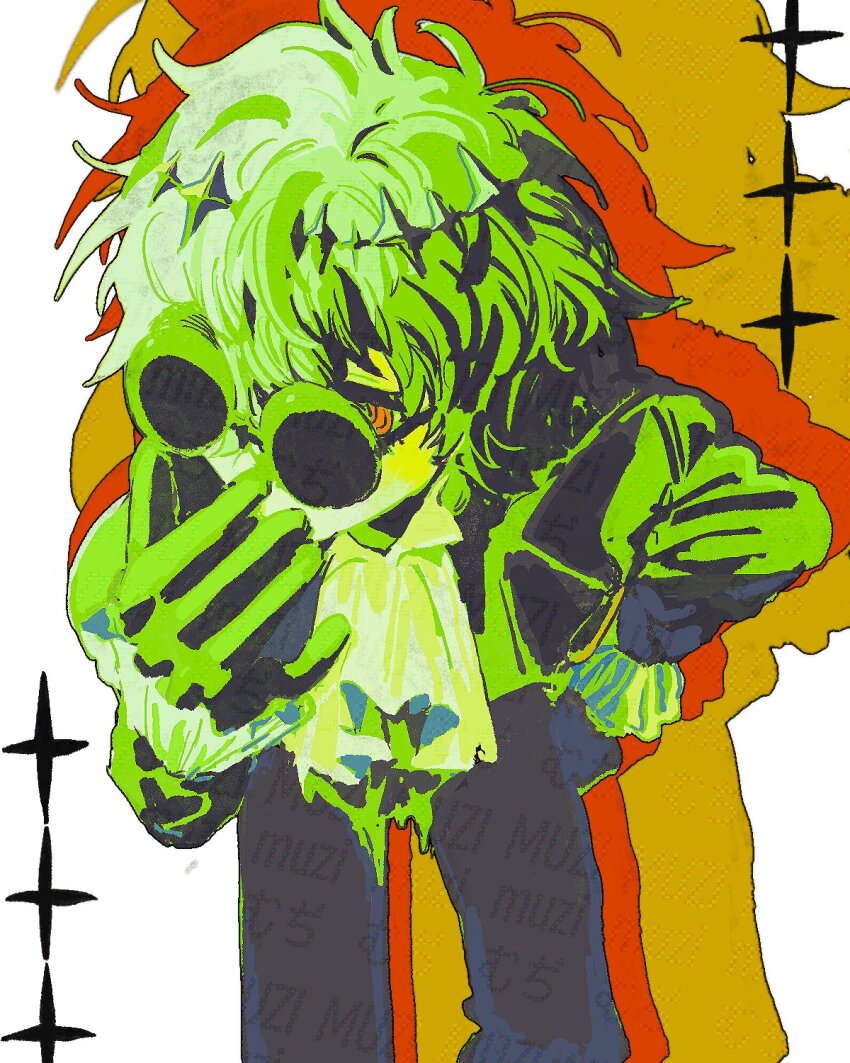 1boy black_jacket black_pants cowboy_shot frilled_sleeves frills green_theme highres jacket leaning_forward pants red_eyes simple_background skully_j._graves solo sunglasses tami_tome_mo twisted_wonderland white_background white_hair