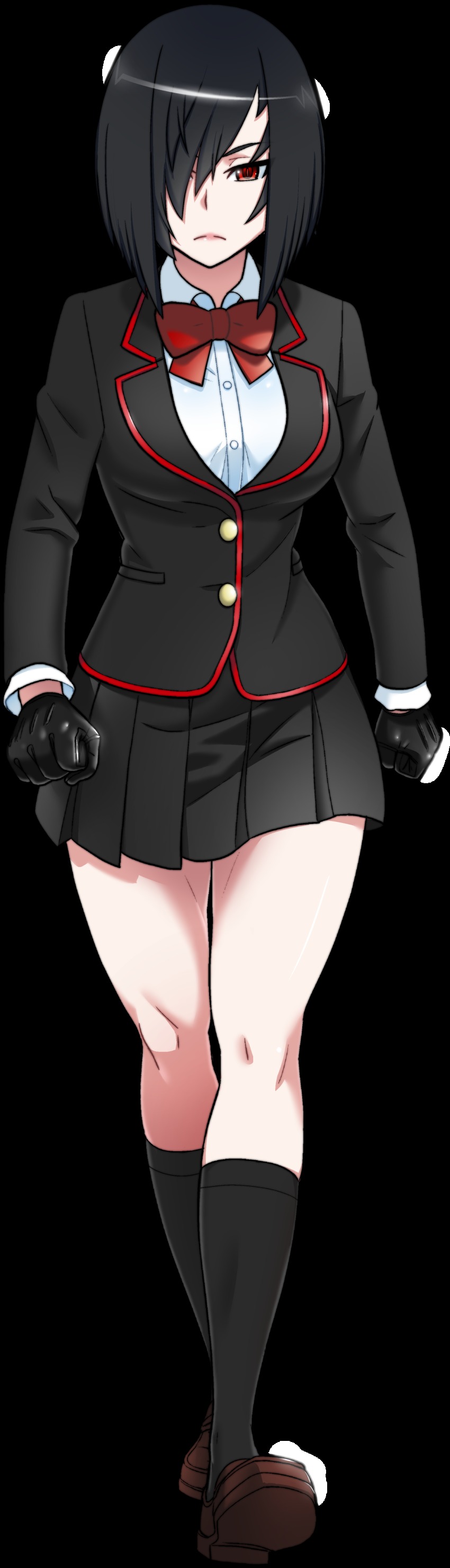 1girl absurdres aged_up black_gloves black_hair black_skirt black_socks blazer bob_cut bow breasts brown_shoes buttons clenched_hands female_focus frown full_body gloves hair_over_one_eye highres jacket kjech kneehighs loafers looking_at_viewer medium_breasts messy_hair nemesis-chan pleated_skirt red_eyes school_uniform serious shirt shoes short_hair skirt socks solo transparent_background white_shirt yandere_simulator