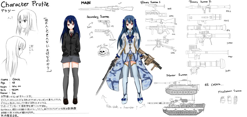 1girl ammunition assault_rifle at4 automatic_grenade_launcher bayonet bazooka beretta_92 blue_hair blunt_bangs bow break-action_grenade_launcher brown_eyes brown_hair camouflage cape caterpillar_tracks character_profile reference_sheet colt_anaconda combination_weapon dress explosive female_focus fgm-148_javelin fim-92_stinger flashbang g36k german_flag gm-94 grenade grenade_launcher gun h&amp;k_69a1 h&amp;k_gmg hair_bow hand_grenade handgun highres less-than-lethal_weapon long_hair long_sleeves low_bore_axis_grenade_launcher m202_flash m79 magazine_(weapon) magical_girl man-portable_air-defense_system man-portable_anti-tank_systems military military_uniform military_vehicle milkor_mgl missile_launcher mk_153_shoulder-launched_multipurpose_assault_weapon mk_153_smaw motor_vehicle multishot_rocket_launcher original pistol pleated_skirt pump-action_grenade_launcher pump_action recoilless_gun red_eyes revolver revolver_grenade_launcher rifle rocket-propelled_grenade rocket_(projectile) rocket_launcher rozenberg rpg rpg-7 rpg_(weapon) skirt smoke_grenade solo stinger stun_grenade tank thighhighs tiger_i trigger_discipline vehicle ventilation_rib vertical_forward_grip very_long_hair weapon white_background zettai_ryouiki
