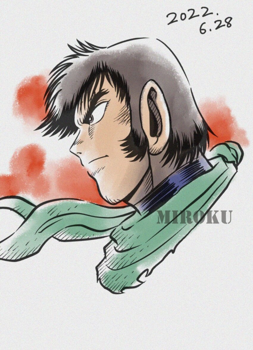 1990s_(style) 1boy 2022 artist_name brown_hair dated facial_hair from_side frown getter_robo green_scarf highres ishikawa_ken_(style) male_focus miroku_(miroku_t) mutton_chops nagare_ryoma official_style portrait profile retro_artstyle scarf short_hair sideburns solo thick_eyebrows