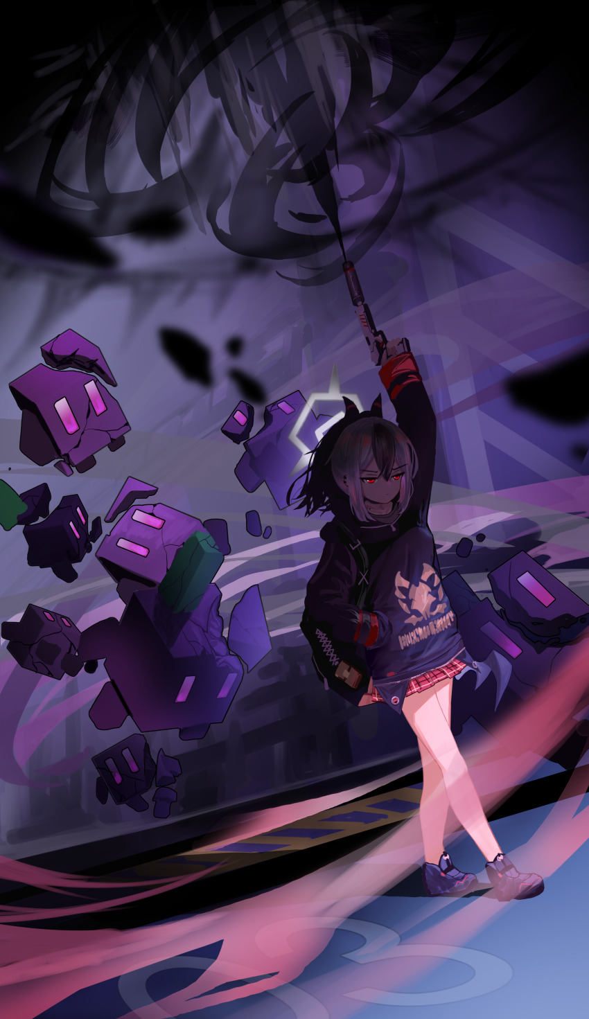 1girl absurdres aircctzillie arm_up aura backpack bag black_bag black_hair black_hoodie black_shoes blue_archive closed_mouth dark_aura demon_girl demon_horns demon_wings firing firing_into_the_air gun hair_between_eyes hand_in_pocket handgun highres holding holding_bag holding_gun holding_weapon hood hoodie horns kayoko_(blue_archive) long_hair multicolored_hair plaid_clothes plaid_skirt pleated_skirt ponytail red_eyes red_skirt shoes sidelocks single_wing skirt skull_print solo two-tone_hair walking weapon white_hair wings