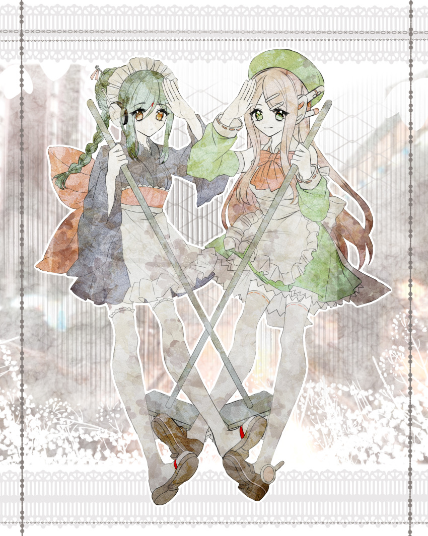 2girls absurdres apron back_bow black_kimono bow bowtie braid breasts broom brown_sandals brown_shoes chinese_commentary closed_mouth collared_dress colored_skin commentary_request crossover detached_sleeves dress frilled_apron frills full_body geta gintama green_dress green_hair green_hat green_sleeves hair_ornament hairclip hat highres holding holding_broom japanese_clothes kimono lace lace-trimmed_thighhighs lace_trim long_hair maid maid_apron maid_headdress medium_breasts momone_momo multiple_girls pink_hair red_bow red_bowtie ribbon-trimmed_sleeves ribbon-trimmed_thighhighs ribbon_trim robot_ears sandals shadow71580825 shoes sidelocks single_braid smile tama_(gintama) thighhighs trait_connection utau very_long_hair wa_maid waist_apron white_apron white_bow white_skin white_thighhighs wide_sleeves yellow_eyes