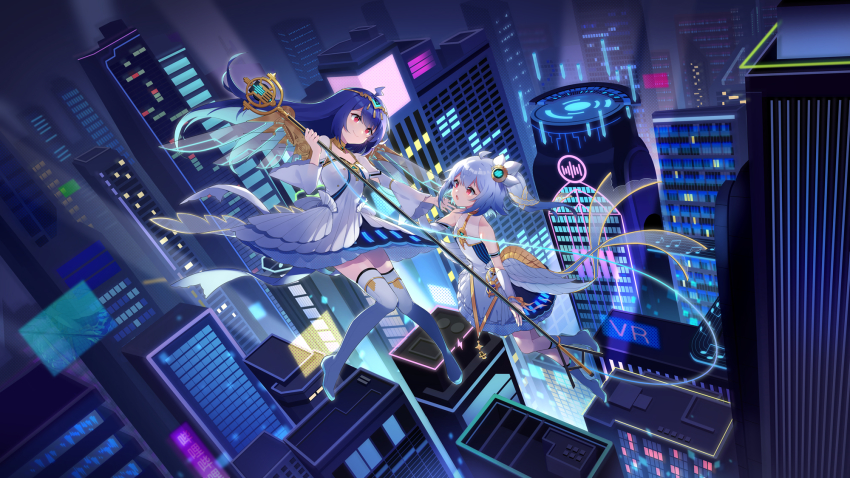 2girls bili_girl_22 bili_girl_33 bilibili blue_hair blush boots building city closed_mouth detached_sleeves floating highres long_hair long_sleeves looking_at_another multiple_girls night official_art outdoors parted_lips red_eyes sharlorc short_hair skirt skyscraper smile thigh_boots thighhighs white_footwear white_skirt