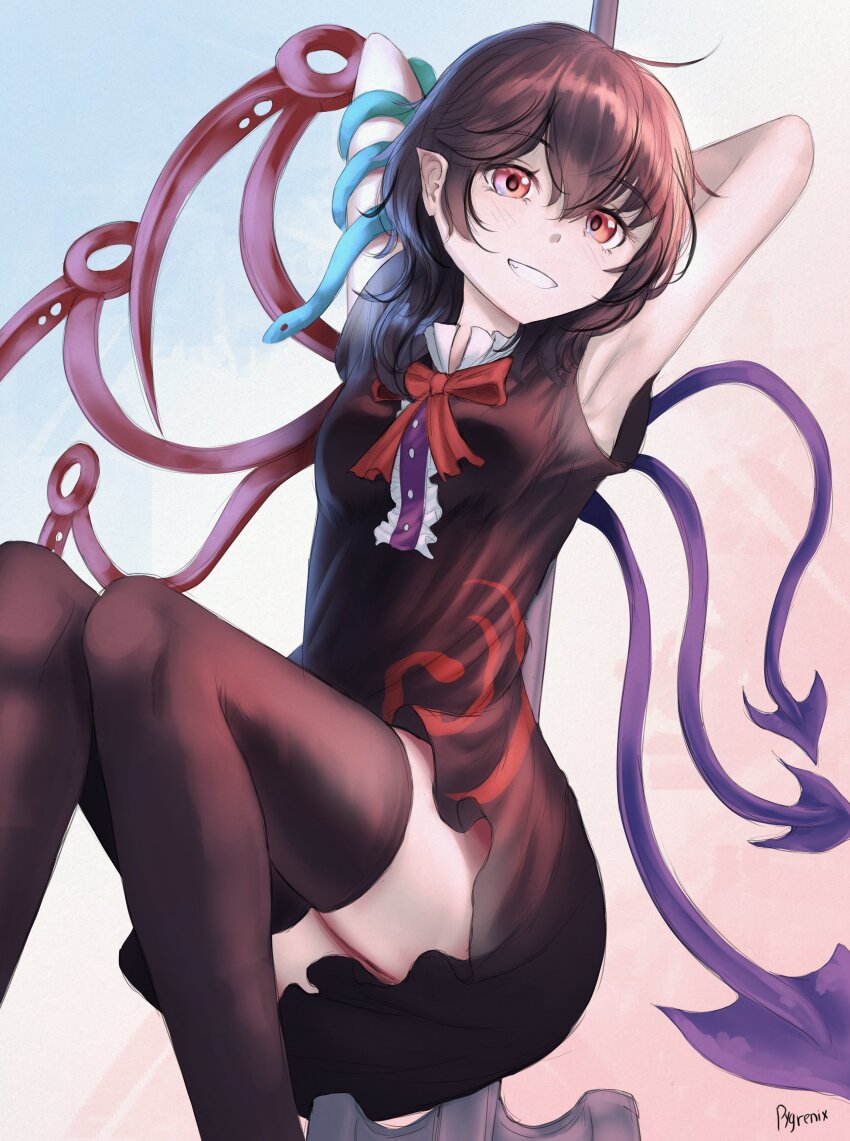 1girl absurdres armpits arms_up asymmetrical_wings black_dress black_hair black_thighhighs blue_wings dress hashtag-only_commentary highres houjuu_nue looking_at_viewer pointy_ears polearm pygrenix red_eyes red_wings short_hair signature smile snake_armband solo thighhighs touhou trident weapon wings